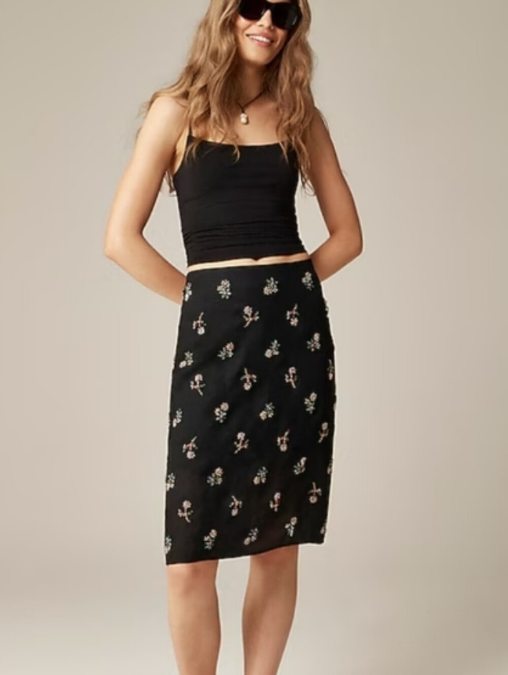 J. Crew Black Midi Skirt with Petite Floral Motif